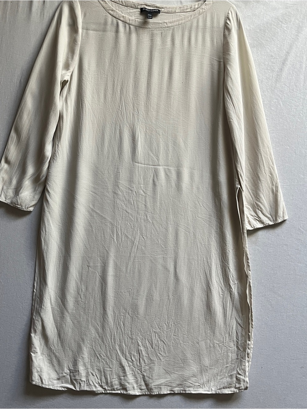 Eileen Fisher 100% Silk Cream Tunic Blouse Relaxed Neckline Top Women's Size PS